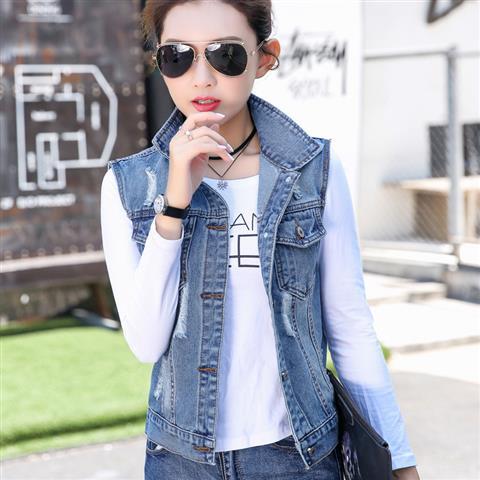 Denim chuồng phụ nữ mùa xuân và mùa thu mới phiên bản Hàn Quốc của clip ngựa vest không tay vai cardigan phụ nữ bên ngoài một chiếc áo khoác lông ngắn