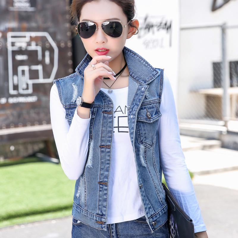 Denim chuồng phụ nữ mùa xuân và mùa thu mới phiên bản Hàn Quốc của clip ngựa vest không tay vai cardigan phụ nữ bên ngoài một chiếc áo khoác lông ngắn