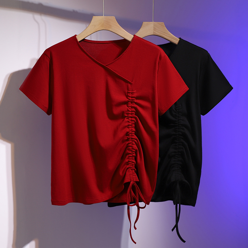 Summer fashionable T-shirt, design top, plus size, season 2021, V-neckline, fitted, drawstring, trend of season Summer fashionable T-shirt, design top, plus size, season 2021, V-neckline, fitted, drawstring, trend of season