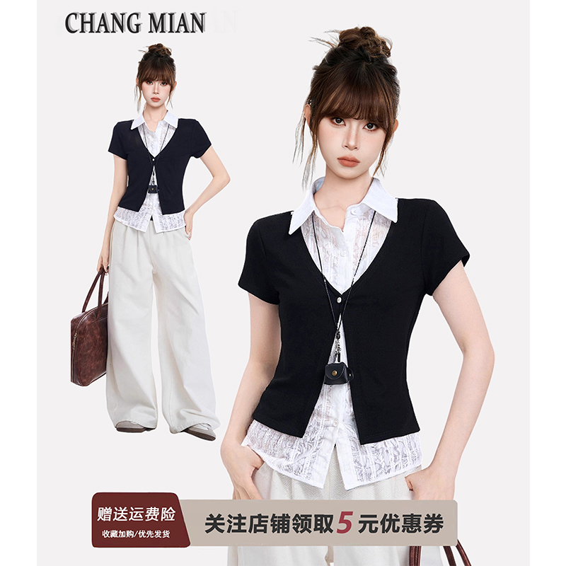 Black Faux Two-Piece Lace Polo Collar Short-Sleeve T-Shirt for Women, Summer Slim-Fit Shirt with Half-Sleeve Design