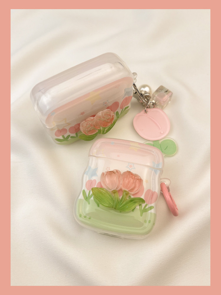Ins Spring Pink Tulip Flower Protective Cover 3 Lämplig för airpods Hörlursfodral Second Wireless Bluetooth 1 Third S2_voghion.com