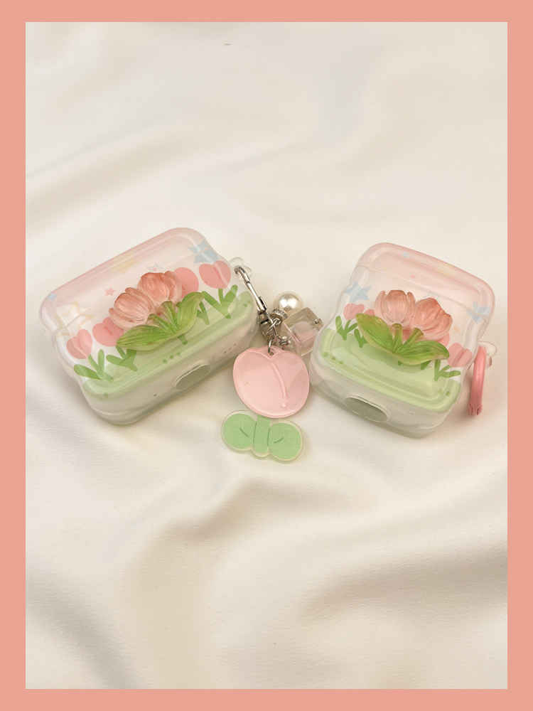 Ins Spring Pink Tulip Flower Protective Cover 3 Lämplig för airpods Hörlursfodral Second Wireless Bluetooth 1 Third S2_voghion.com