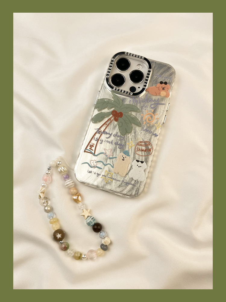 Ins Summer Feather Yarn Coconut Tree Graffiti Puppy Suitable for iphone Promax Phone Case iPhone 14 New 15 Pro Soft 13_voghion.com