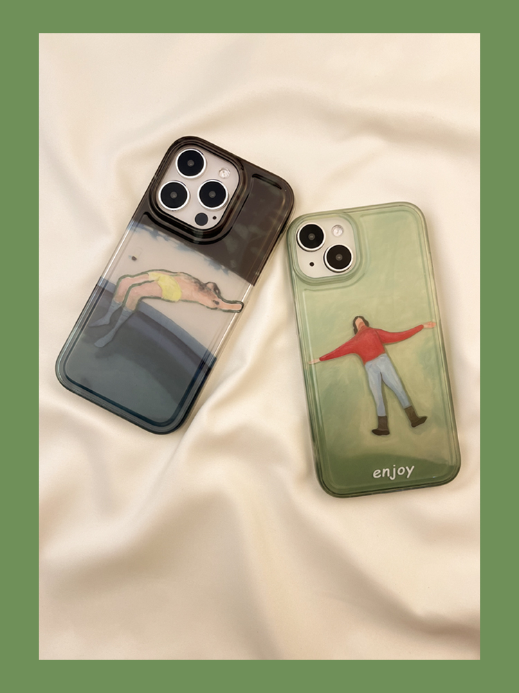 Ins Green Base Lawn Lying Flat Oil Painting Suitable for Phone iPhone Max New 15 Female Edition Niche 14 Cartoon_voghion.com