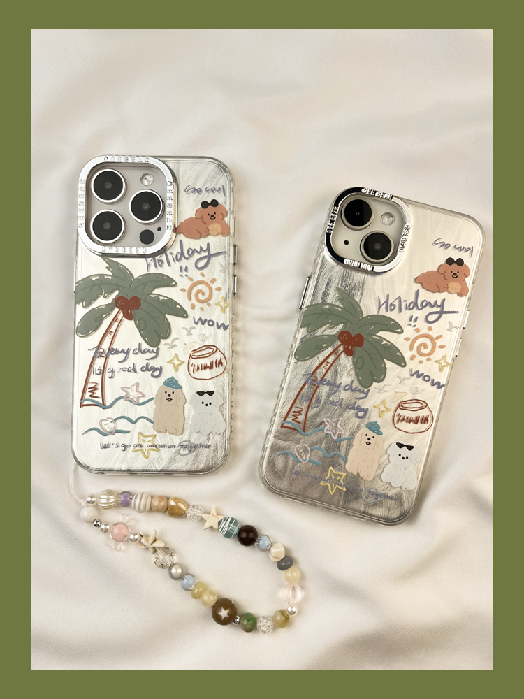 Ins Summer Feather Yarn Coconut Tree Graffiti Puppy Suitable for iphone Promax Phone Case iPhone 14 New 15 Pro Soft 13_voghion.com