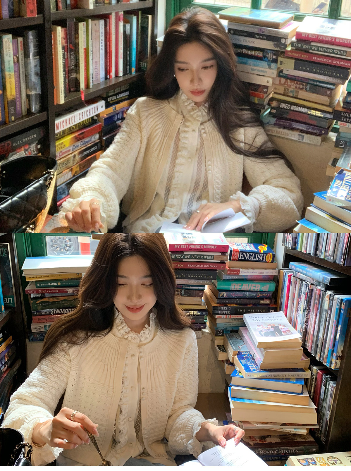 시 웨이 리앙 봄날 전복 프랑스식 낭만주의 루즈핏 느긋한 라운드 넥 벌룬 소매 홀로우 아웃 오픈 가디건 상세 이미지 52