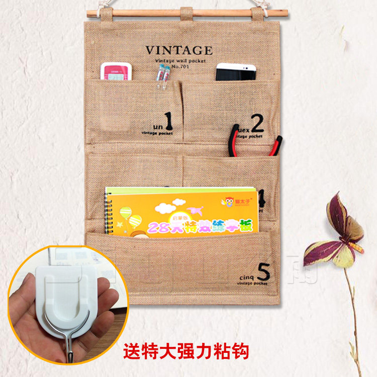 siyu cotton linen fabric stripe hanging storage hanging bag storage bag Wall-mounted multi-layer wall-mounted storage bag 5 pockets