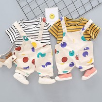 Summer new baby children's clothing 0-4 boys and girls short sleeve Korean version of belt pants foreign style open two-piece set