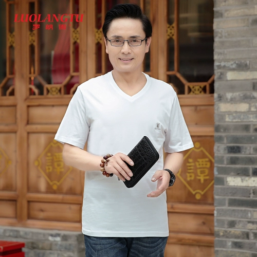 Хлопковая футболка с коротким рукавом, V-образный вырез, свободный крой, для среднего возраста