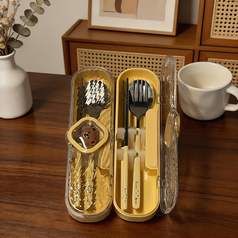 Portable Tableware Set Storage Box Children's Spoon Fork Chopsticks Three-Piece Set Food-Grade Stainless Steel Student New Model