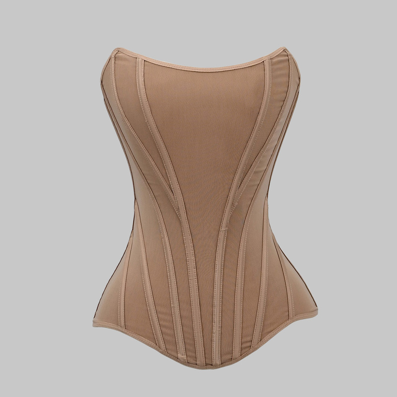 French Original Design with Multiple Lines, Zipper Style, Khaki Fishbone Corset, Waist-Cinching Tube Top, Body Shaping Top, Dress French Original Design with Multiple Lines, Zipper Style, Khaki Fishbone Corset, Waist-Cinching Tube Top, Body Shaping Top, Dress