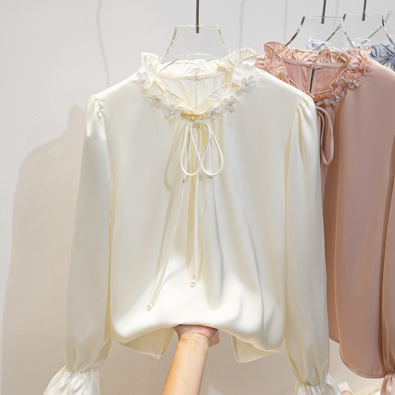 French-Style Pleated Lace Collar White Shirt Women's Long-Sleeved Satin Drapey Ruffled Stand-Up Collar Shirt