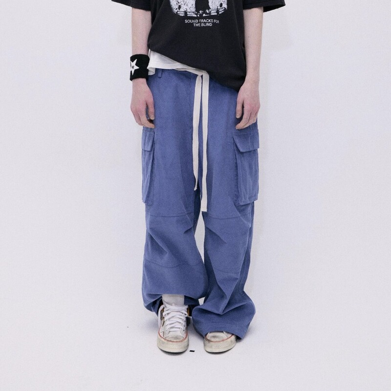 [Celebrity Style] Uver Lc Corduroy Cargo Drawstring Wide-Leg Work Pants Casual Pocket Trousers Long Pants
