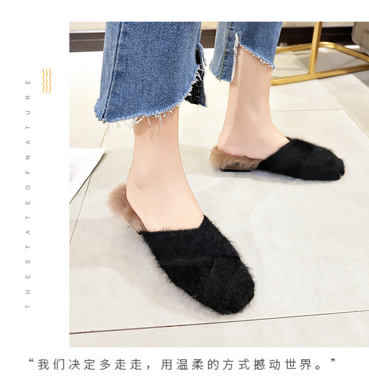 Dệt chéo với lông chồn nước với baotou một nửa dép phụ nữ mặc mùa thu và mùa đông lông thỏ vuông bằng giày Mules giày sandal nữ đi học