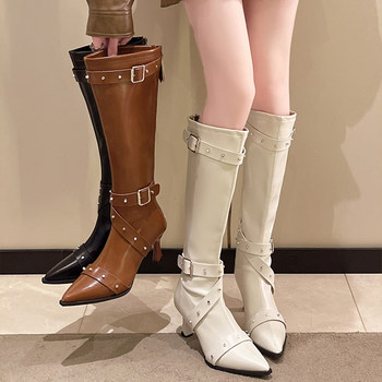 Retro Sexy Motorcycle Boots for Women, Summer 2025 New Style, Studded Pointed Toe, Coffee-Colored High-Heeled Long Boots, Stiletto Long Boots