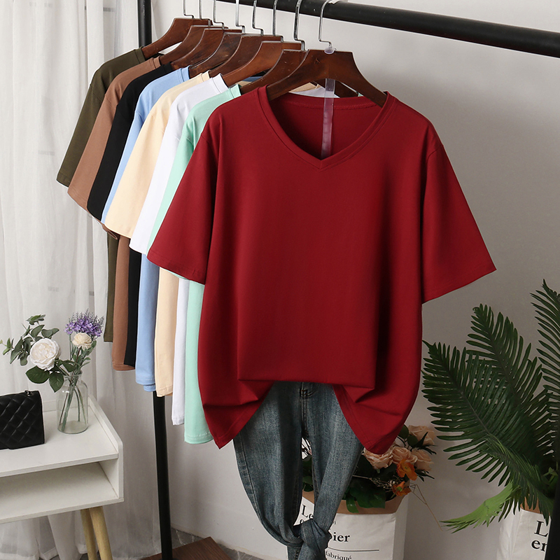 Plus-Size Women's Regular Shoulder T-Shirt, Pure Cotton Short-Sleeve, Summer, Large Size, Loose Fit, Slimming, Chic, Solid Color, Red V-Neck Top for Women