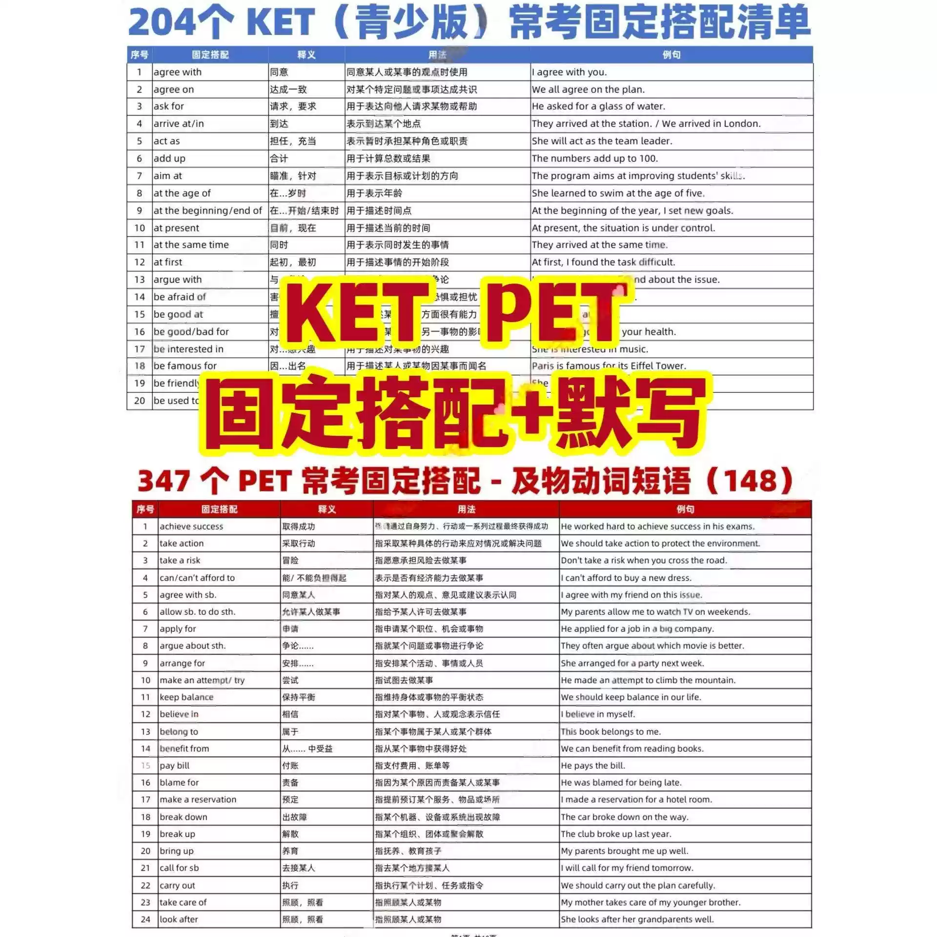 剑桥KET青少版PET英语考试常考固定搭配清单及物动词名词介词副词短语默写电子资料