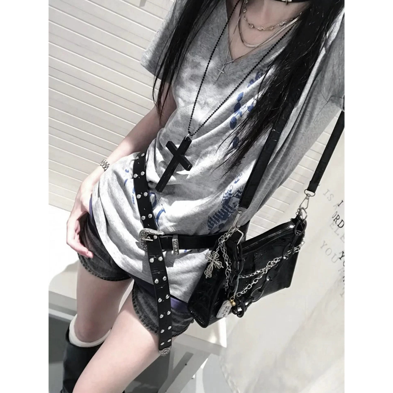 American-Style Spicy Girl Fake Two-Piece Color-Block V-Neck Short-Sleeve T-Shirt for Women, Summer Slim-Fit Light Asian Style Y2K Lazy Retro Top