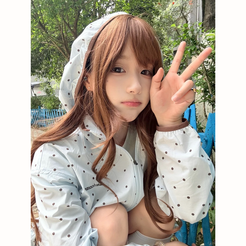 Korean-Style Milk Blue Polka Dot Letter Hooded Sun Protection Clothing for Women in Summer, Loose and Lightweight, Anti-Uv Sun Protection Clothing Jacket