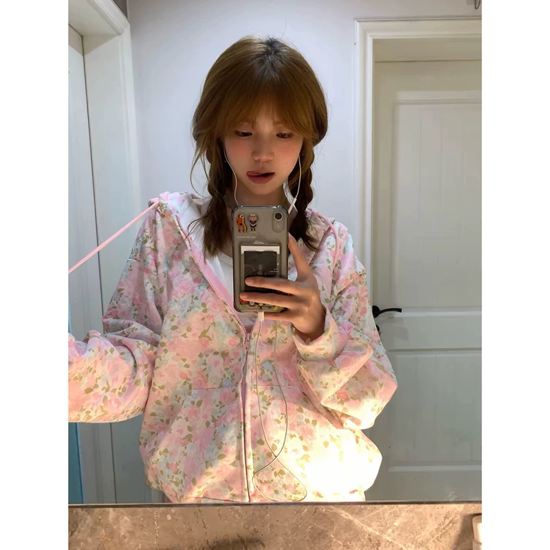 Korean-Style Pink Sweet Floral All-Over Print Hooded Sweatshirt for Women, Spring and Autumn Design, Lazy College Style Cardigan Jacket Korean-Style Pink Sweet Floral All-Over Print Hooded Sweatshirt for Women, Spring and Autumn Design, Lazy College Style Cardigan Jacket