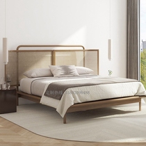 New Chinese-style solid wood rattan bed Nordic B&B hotel model room double bed Japanese-style retro wabi-sabi style large bed
