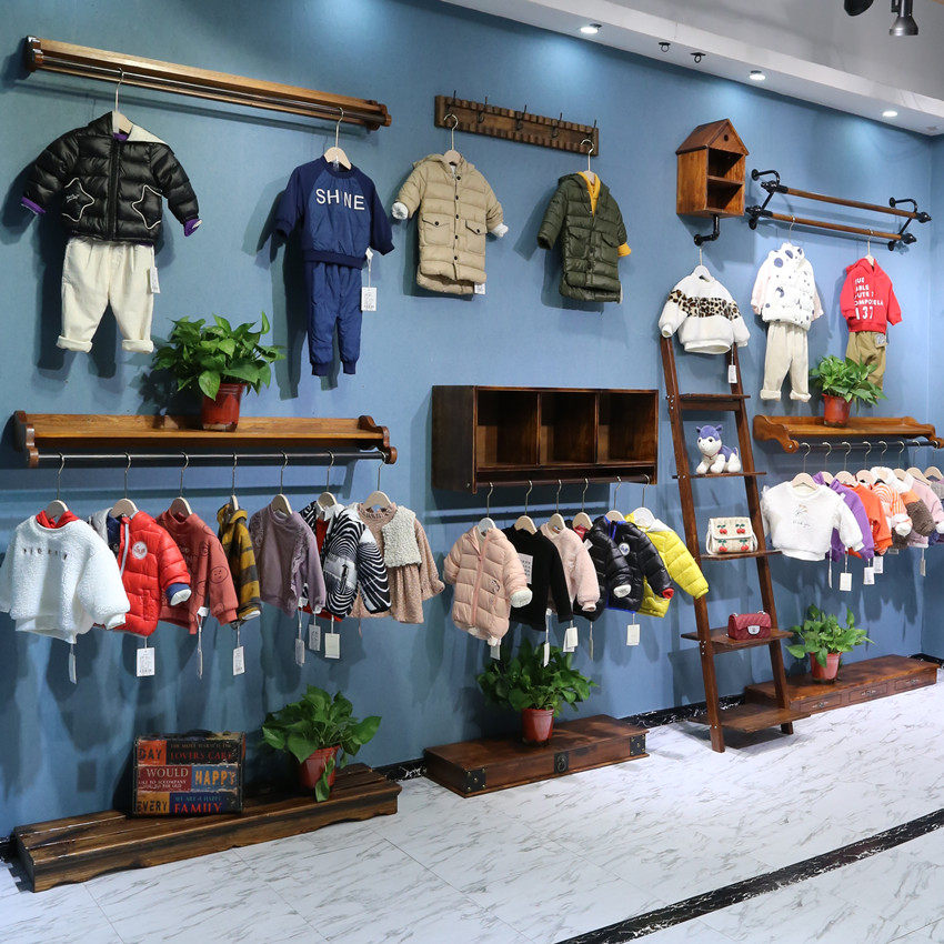 Clothing Store Hanger Racks for children Clothing Women's Clothing Solid Wood Shelves Middle Island Shelf Composition Display Upper Wall Hanging Positive Side Hang