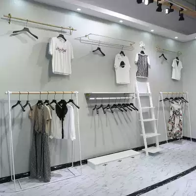 Wrought iron white clothing store display rack Floor-standing clothes hanger Women's solid wood shelf Children's clothing store combination rack