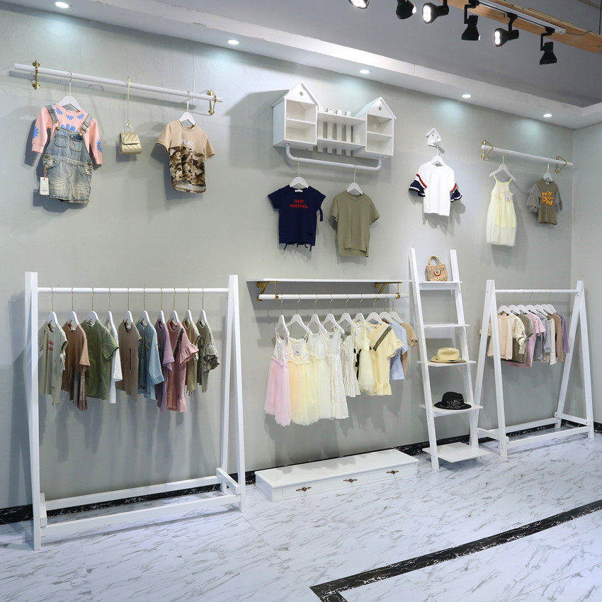 Clothing Creative Show Rack Hanger White Solid Wood Minimalist Floor Shelf Upper Wall Hanging Clothing Rod Display Combination