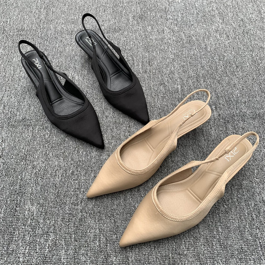 外贸原单春秋爆款时尚百搭休闲浅口尖头凉鞋女包头气质绸缎凉拖鞋