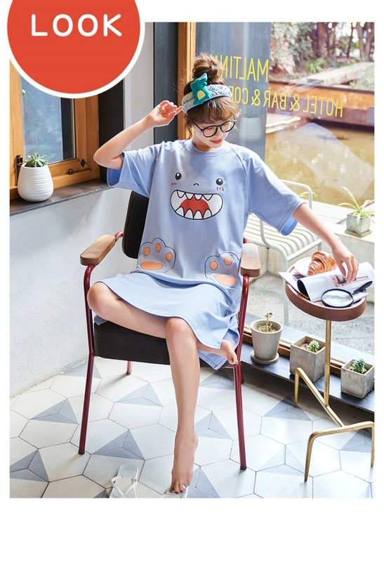 Váy ngủ nữ mùa hè mỏng cotton ngắn tay sinh viên dễ thương Hàn Quốc đồ ngủ nữ cỡ lớn rộng rãi bộ đồ ngủ mùa xuân và mùa thu dịch vụ tại nhà - Đêm đầm