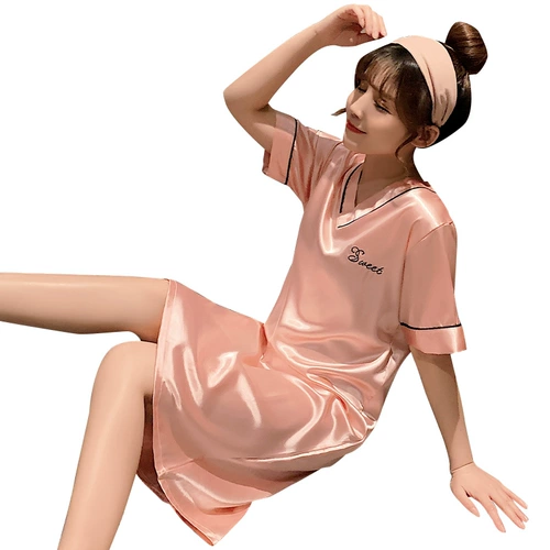 Весенняя летняя шелковая пижама, платье, короткий рукав, оверсайз, большой размер