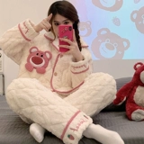 Коралловая бархатная зимняя стеганая утепленная пижама, фланелевый демисезонный комплект, с медвежатами