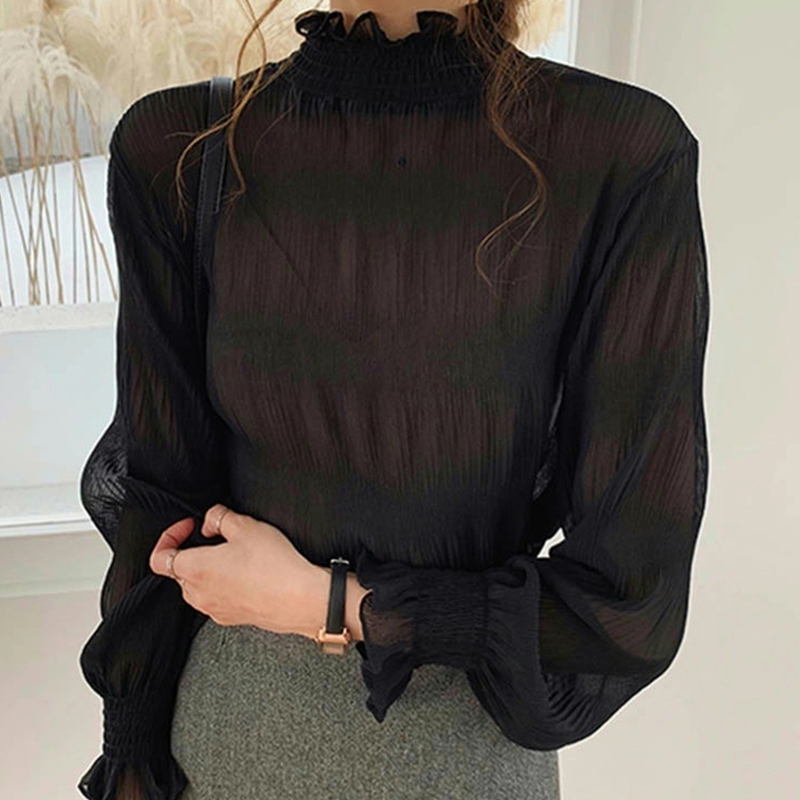 Шифоновая кружевная нижняя рубашка с полувысоким воротником и деревянными ушками, женская весенне-осенняя новинка большого размера, женский внутренний топ, уменьшающий возраст