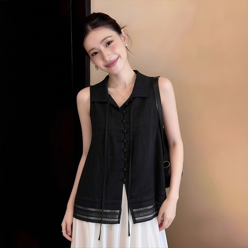 French-Style Black Lapel Tie-Up Sleeveless Shirt for Women, Summer Thin Loose Fit, Slimming Outerwear, Layered Tank Top, Trendy French-Style Black Lapel Tie-Up Sleeveless Shirt for Women, Summer Thin Loose Fit, Slimming Outerwear, Layered Tank Top, Trendy
