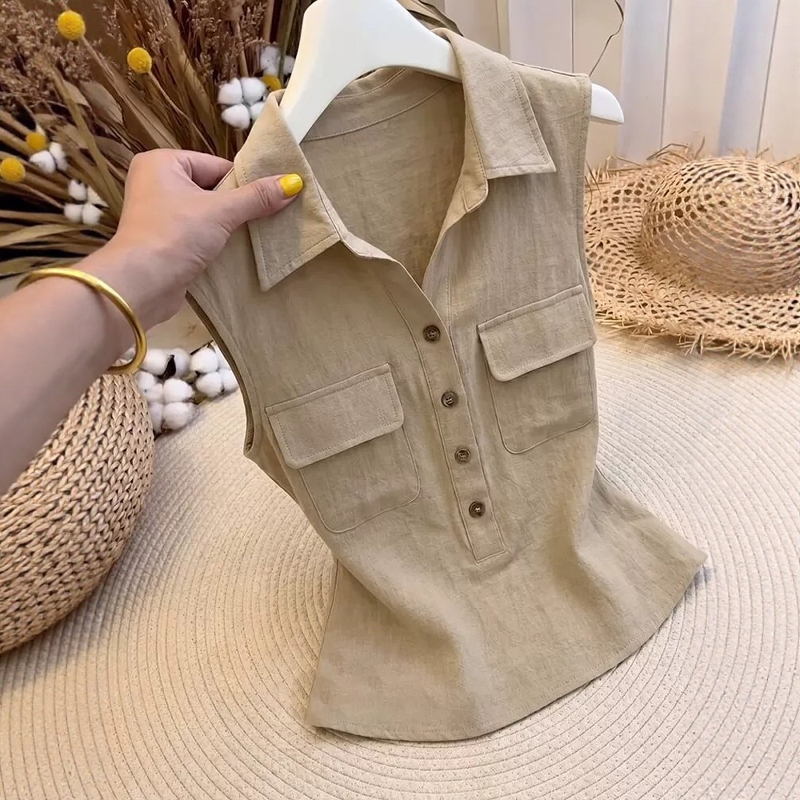 French Retro Workwear Lapel Cotton and Linen Sleeveless Shirt for Women, Summer Casual Loose Double-Pocket Outerwear Vest Top French Retro Workwear Lapel Cotton and Linen Sleeveless Shirt for Women, Summer Casual Loose Double-Pocket Outerwear Vest Top