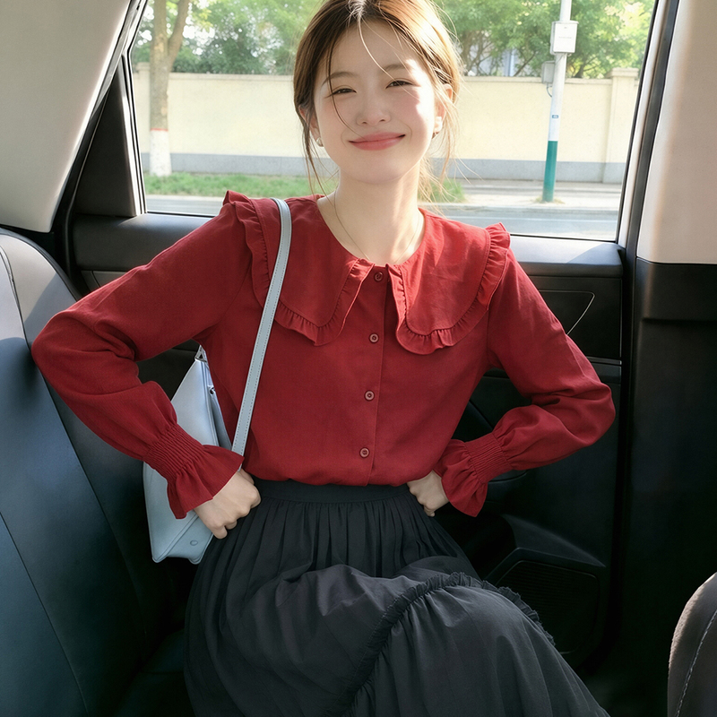 Retro Red Ruffled Doll Collar Long-Sleeved Shirt for Women in Autum, Sweet and Age-Reducing Bell-Sleeved Top for Small People, Trendy Retro Red Ruffled Doll Collar Long-Sleeved Shirt for Women in Autum, Sweet and Age-Reducing Bell-Sleeved Top for Small People, Trendy