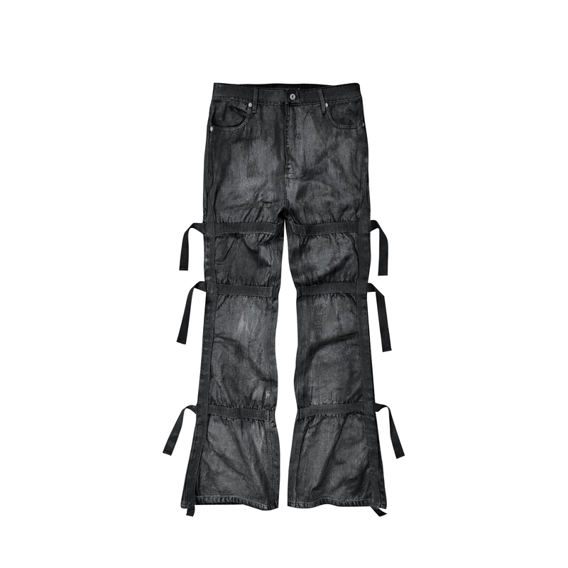 Gojoyjinni Waxed Lacquer Texture Adjustable Buckle Ribbon Micro-Flared Loose Jeans
