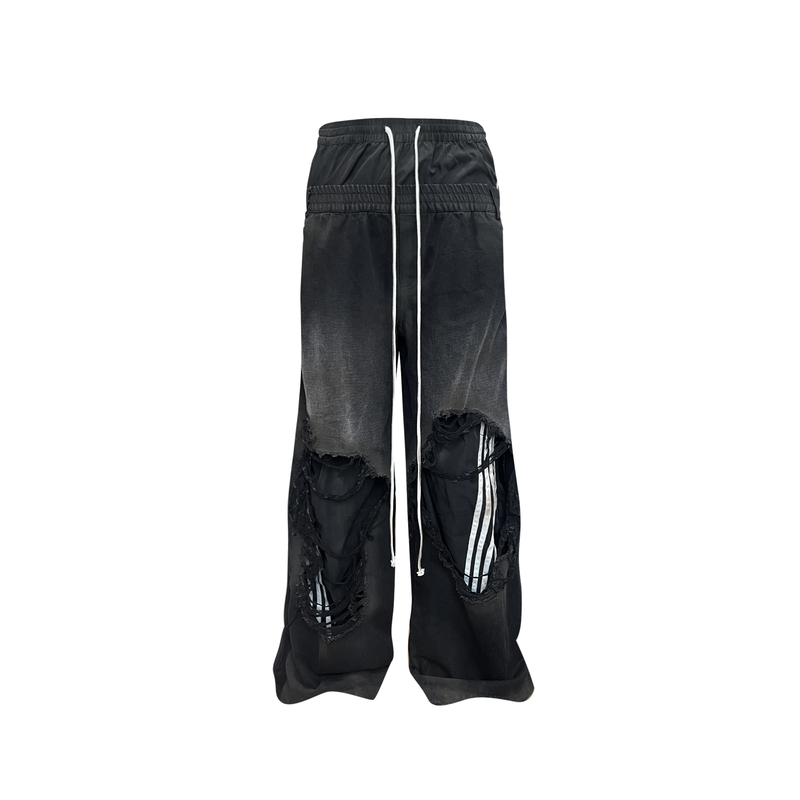 Gojoyjinni Double-Waist Distressed Ripped Five-Stripe Loose Fit Spray-Dyed Jeans