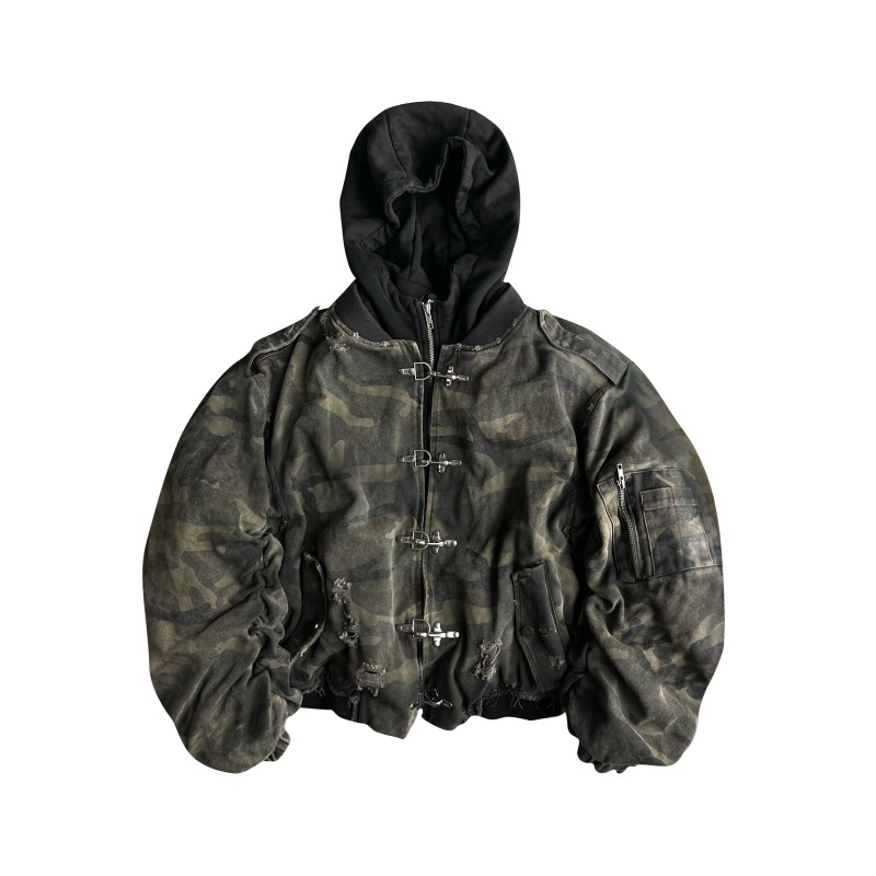 Gojoyjinni Washed Spray-Painted Camouflage Distressed Hooded Faux Two-Piece Oversized Thick Cotton Jacket Bomber