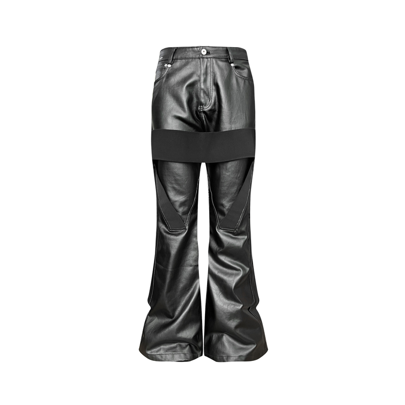 Gojoyjinni Strappy Wax-Coated Dark Glossy Loose Non-Elastic Micro-Flared Jeans