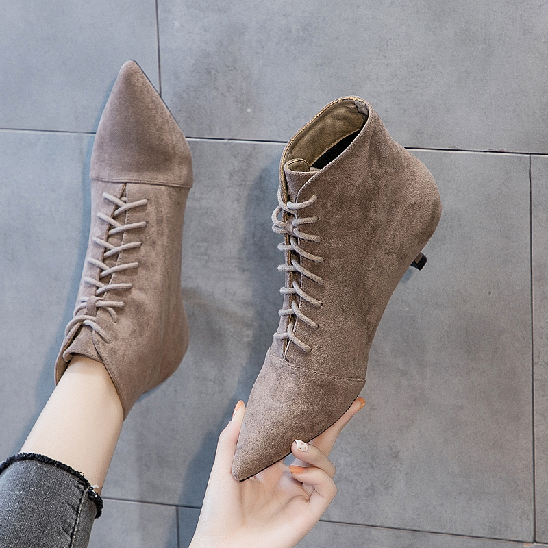 Pointed short cylinder boots 2022 new 100 hitch low heel nude boots female high heel shoe children autumn winter fine heel slim short boots