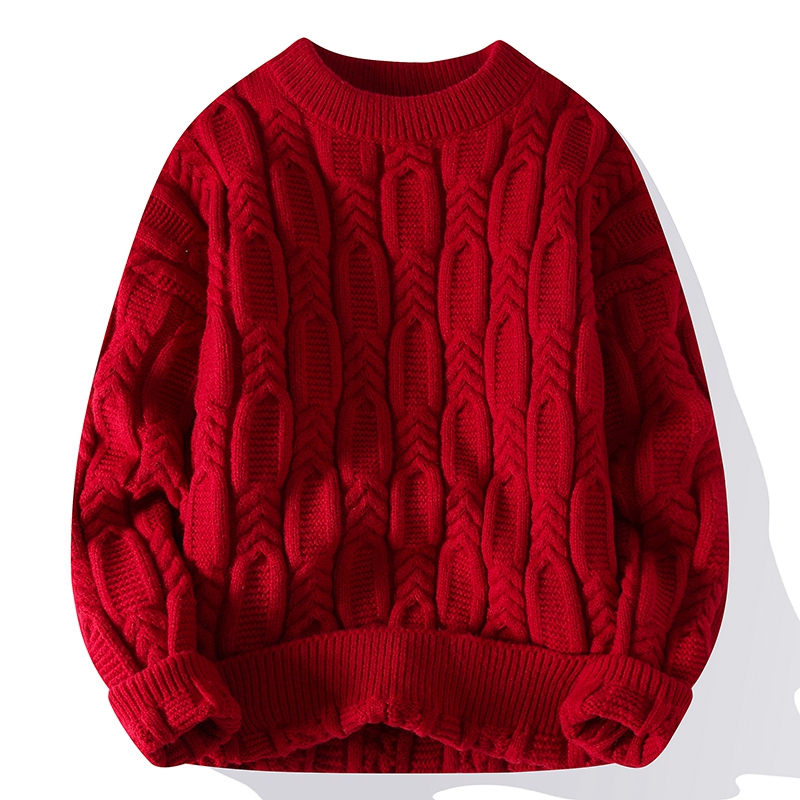 Twisted Pattern Sweater for Men, Autumn and Winter, Japanese Retro Style, Zodiac Year of the Snake, Bright Red Knitwear, Thickened Inner Layer, Trendy Brand
