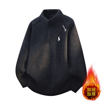 Men's Tie-Dye Sweater with Integrated Fleece, Thickened for Autumn and Winter, Half-Open Placket, Stand Collar, Warm Base Layer, Winter Top for Men