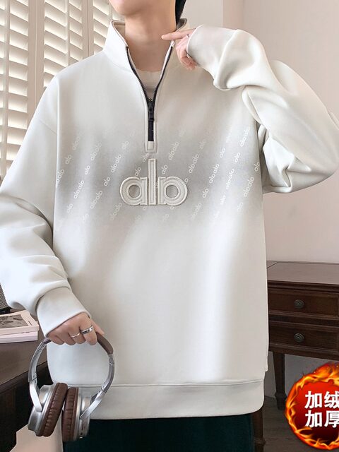 Gradient Fleece Sweatshirt for Men, Autumn and Winter Style, American-Style Loose Fit, Half-High Collar, Zip-Up Top, Thickened Warm Jacket for Teenagers