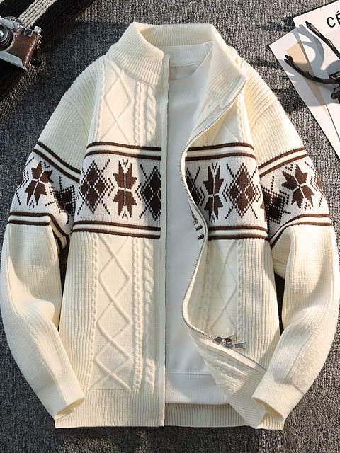 High-End Cardigan Sweater Jacket for Men, Spring and Autumn Trendy Brand Fashion, Retro Jacquard Knit Stand-Up Collar Men's Jacket