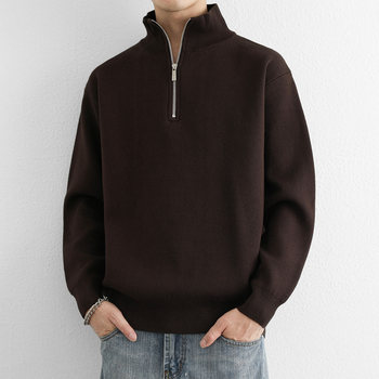 Designed Pure Cotton Half-Zip Stand-Up Collar Sweater for Men in Autumn and Winter, Retro Loose Thickened Knitted Sweater, Warm Sweater