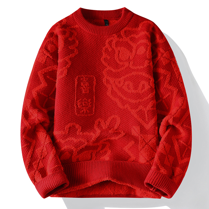 Red Sweater for Men, Autumn and Winter Festive Zodiac Year Knitwear, Thickened, Warm, Loose, Lazy Style Knit Jacket
