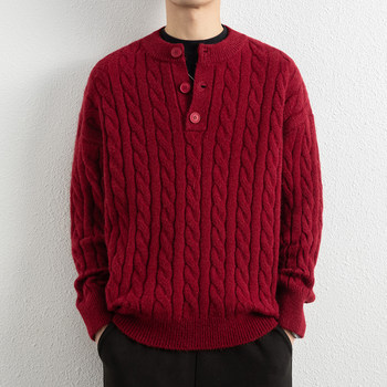 Button-Up Henry Collar Red Sweater for Men, Zodiac Year of the Horse, Autumn and Winter, Casual Cable Knit Sweater, Student Base Layer Sweater