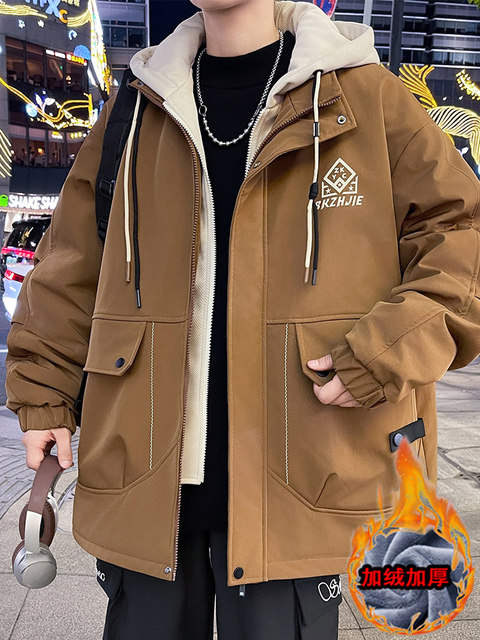 Fake two-piece jacket men's autumn and winter trendy brand handsome work jacket men's youth plus velvet thickened warm cotton coat