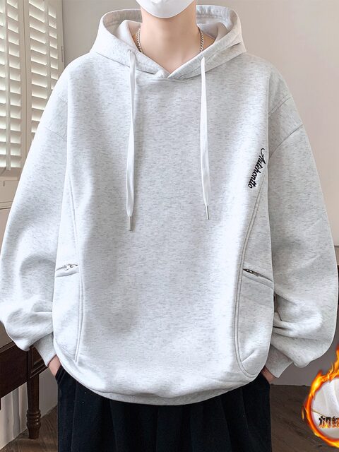 Fleece-Lined Thickened Sweatshirt for Men, Hooded, Autumn and Winter Design, Trendy Brand, Gray, Sporty Style, Warm Top for Teenagers